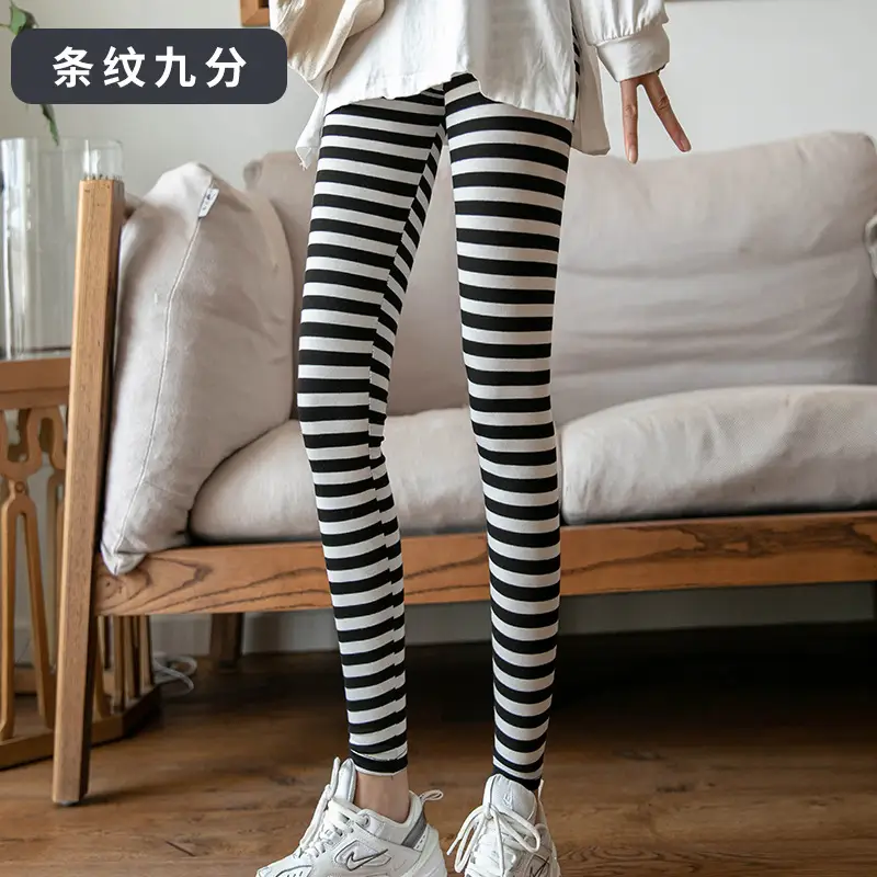 Women's Black White Striped Capri Leggings 9-Piece