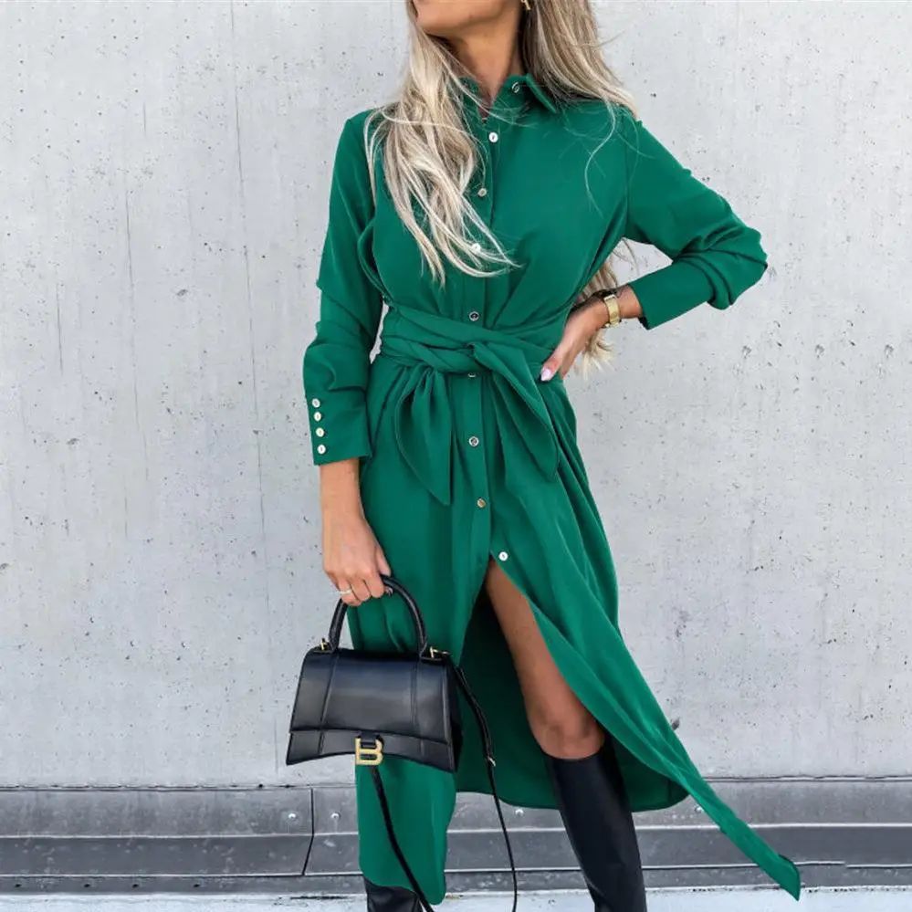 Green Long Sleeve Cardigan Dress for Women