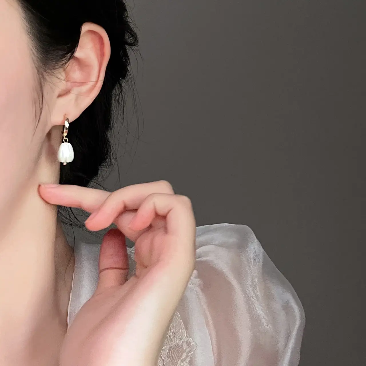 White Jade Tulip Earrings 925 Silver Needles 14K Pocket Gold Mori - Image 2