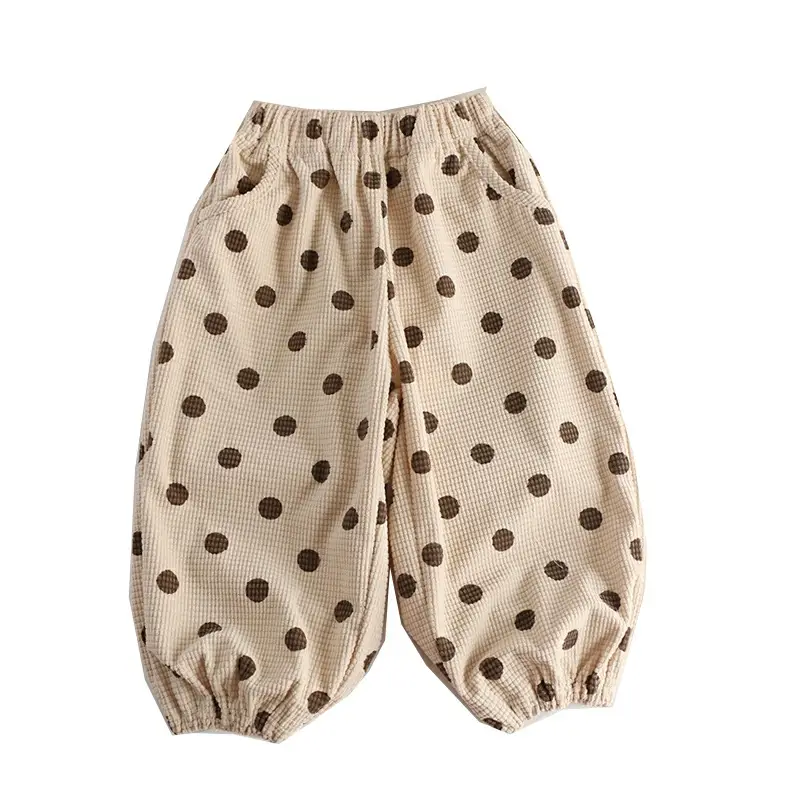 Brown Polka Dot Cotton Cropped Pants for Kids - Image 7