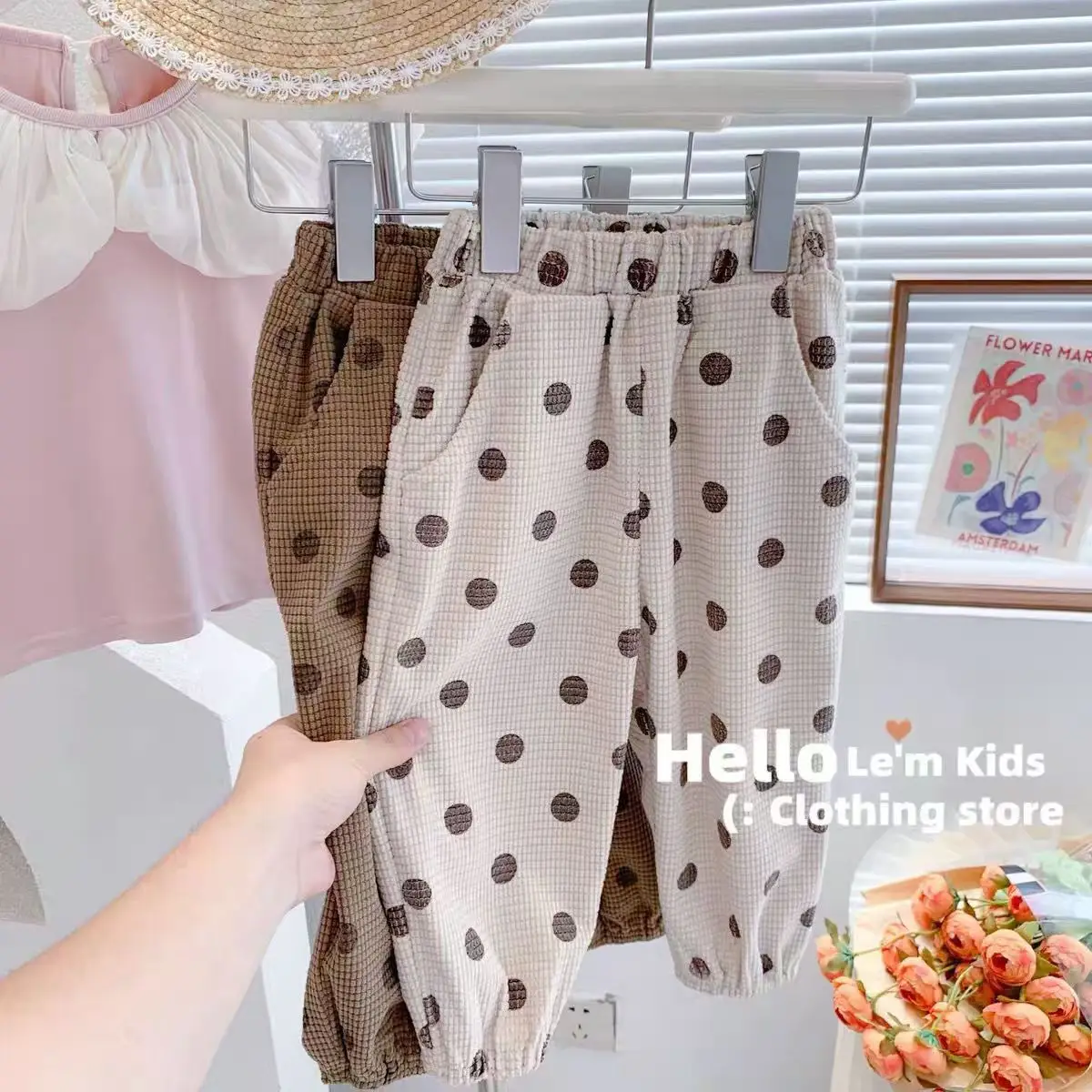 Brown Polka Dot Cotton Cropped Pants for Kids - Image 2