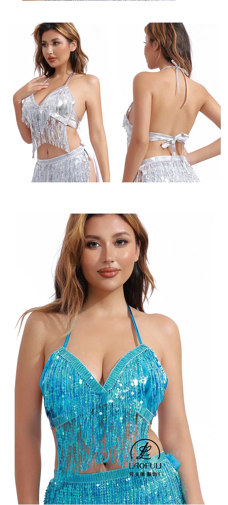 European American Sequins Belly Dance Bra Tassel Suit — feature 10
