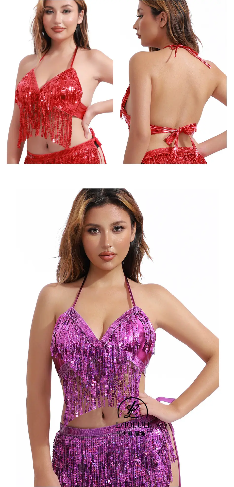 European American Sequins Belly Dance Bra Tassel Suit — feature 12