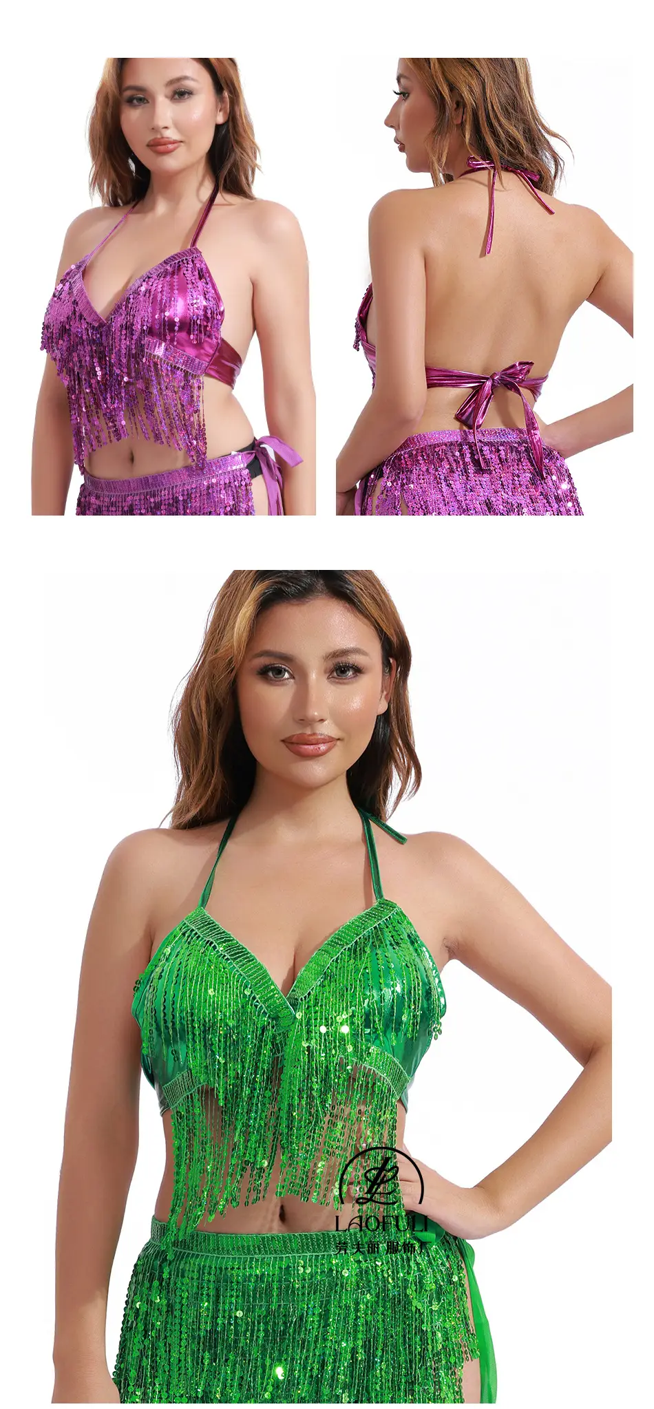 European American Sequins Belly Dance Bra Tassel Suit — feature 13