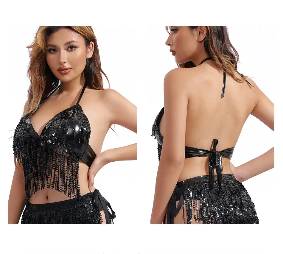 European American Sequins Belly Dance Bra Tassel Suit — feature 7