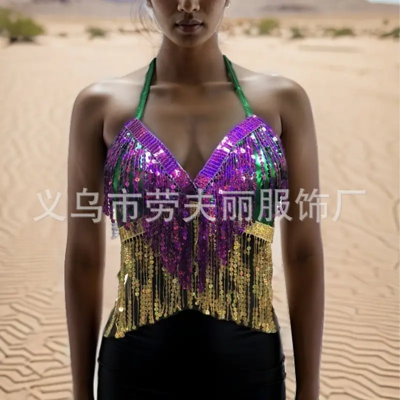 European American Sequins Belly Dance Bra Tassel Suit - Image 13