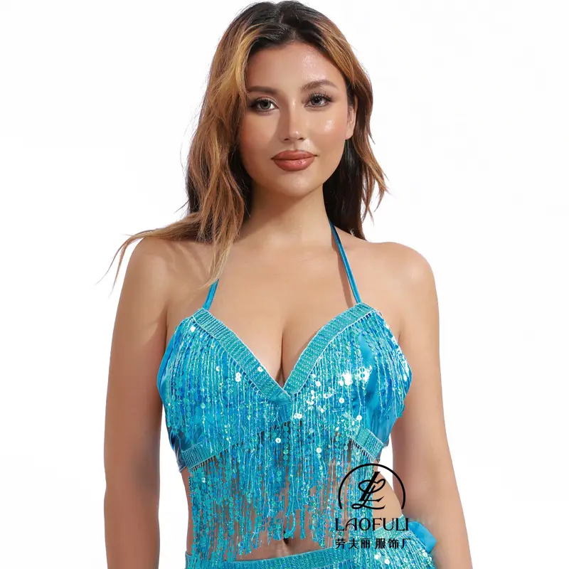 European American Sequins Belly Dance Bra Tassel Suit - Image 2