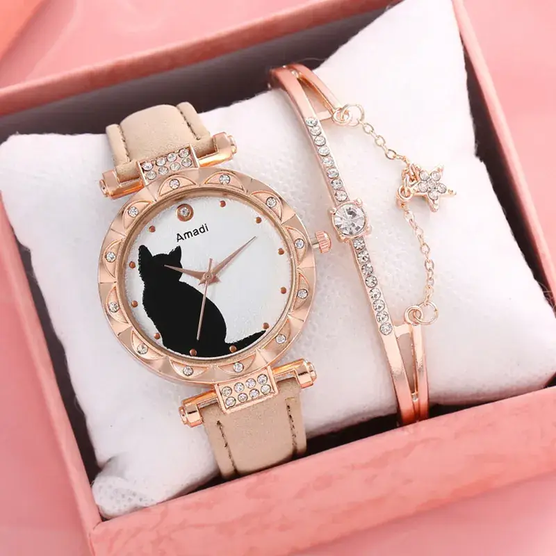 Women's Cat Print Watch Gift Set Rose Gold Bracelet