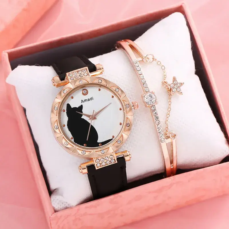 Women's Cat Print Watch Gift Set Rose Gold Bracelet