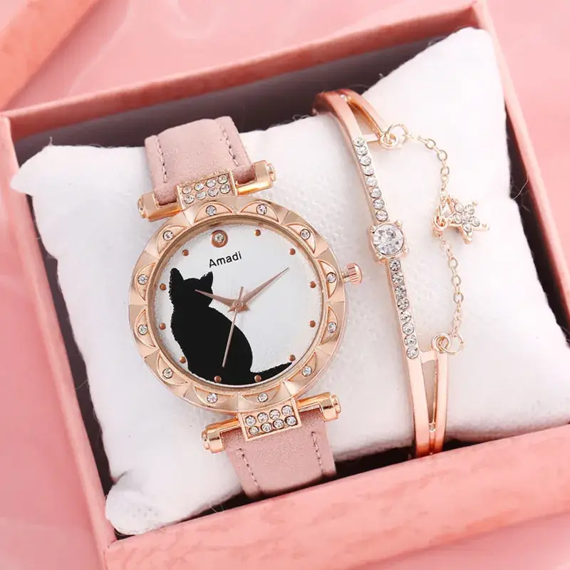 Women's Cat Print Watch Gift Set Rose Gold Bracelet