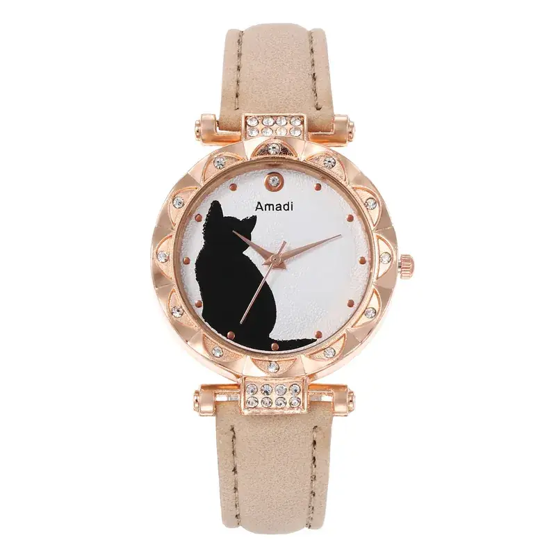 Women's Cat Print Watch Gift Set Rose Gold Bracelet