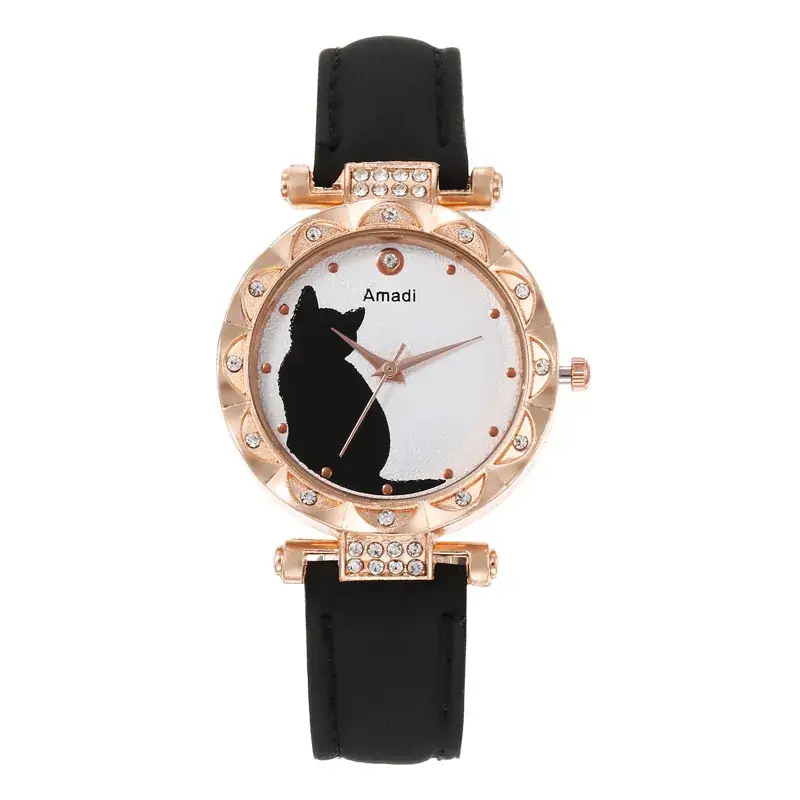 Women's Cat Print Watch Gift Set Rose Gold Bracelet