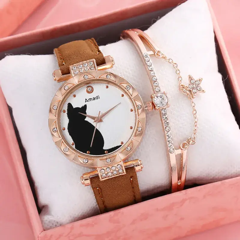 Women's Cat Print Watch Gift Set Rose Gold Bracelet