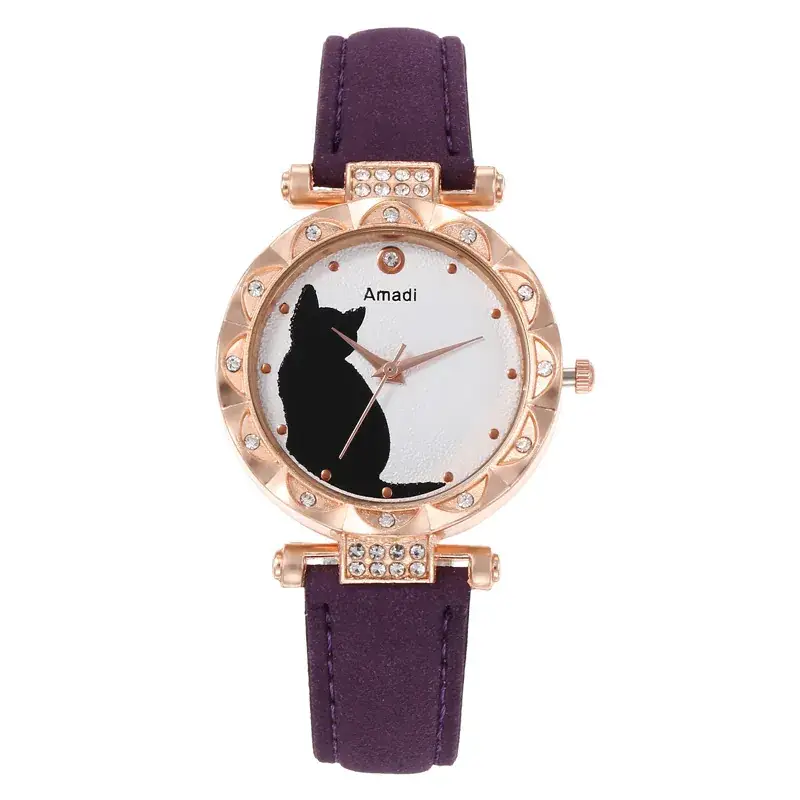 Women's Cat Print Watch Gift Set Rose Gold Bracelet