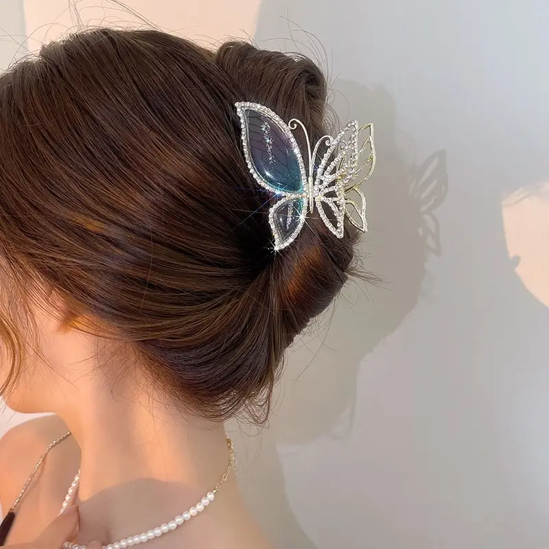 Full Diamond Amber Blue Butterfly Hairpin Clip Women Medium Summer High-grade Back Head Shark Clip Disc Hair Headwear