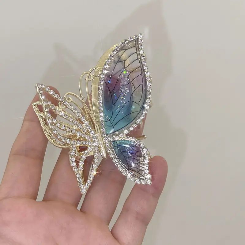 Full Diamond Amber Blue Butterfly Hairpin Clip Women Medium Summer High-grade Back Head Shark Clip Disc Hair Headwear