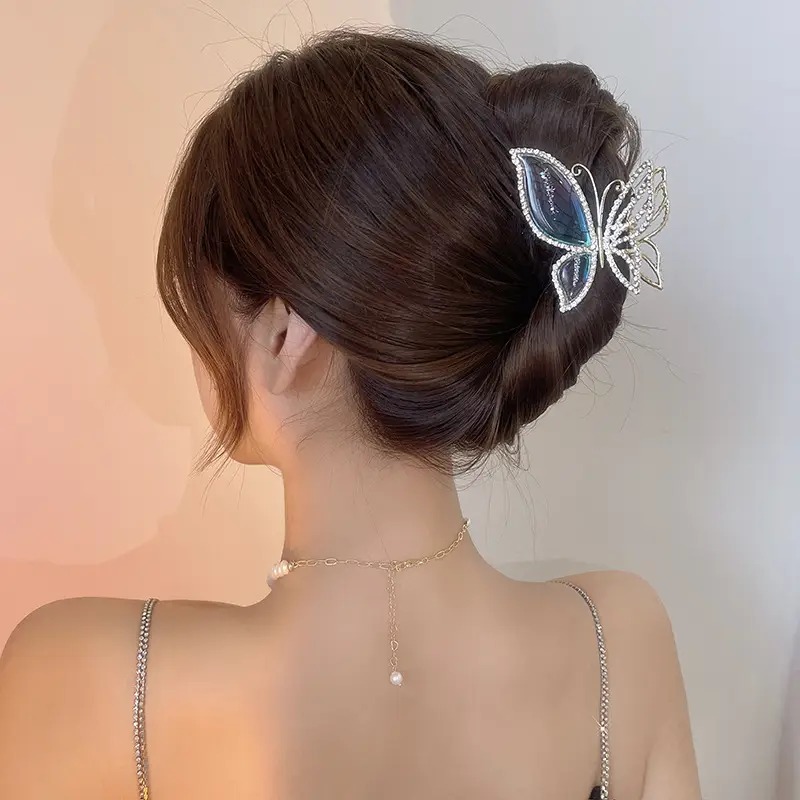 Full Diamond Amber Blue Butterfly Hairpin Clip Women Medium Summer High-grade Back Head Shark Clip Disc Hair Headwear