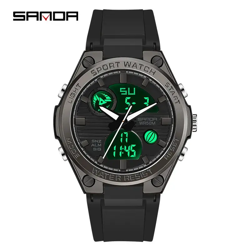 Sanda's Dual Display Sports Watch with Green Digital Display - Image 11
