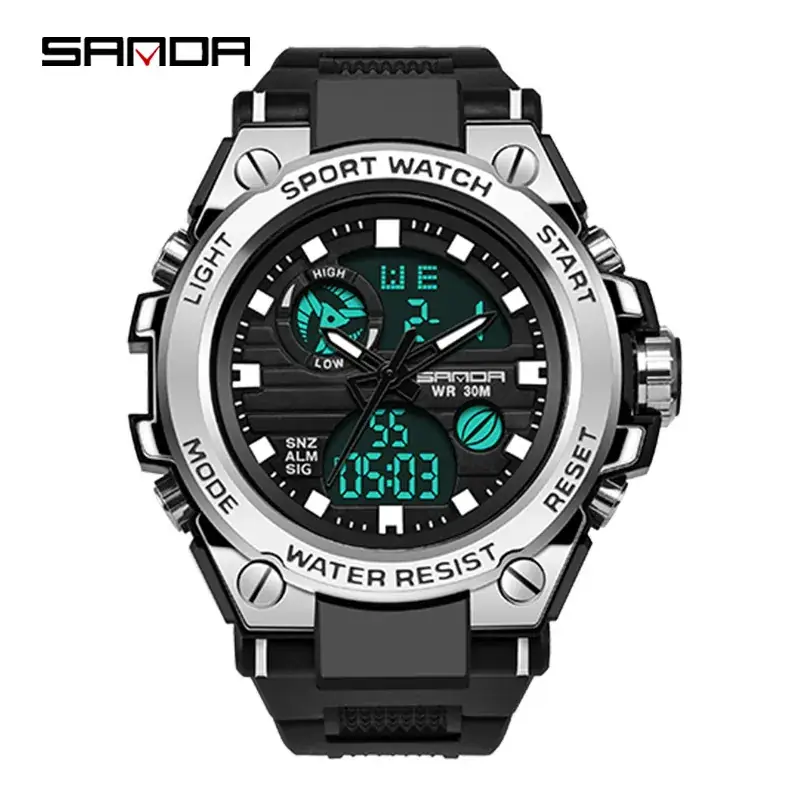 Sanda's Dual Display Sports Watch with Green Digital Display - Image 2