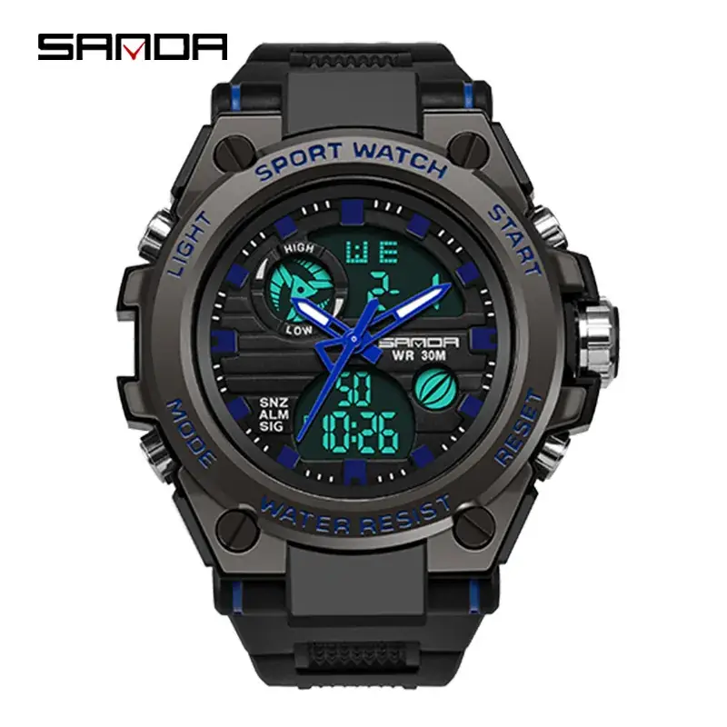 Sanda's Dual Display Sports Watch with Green Digital Display - Image 4