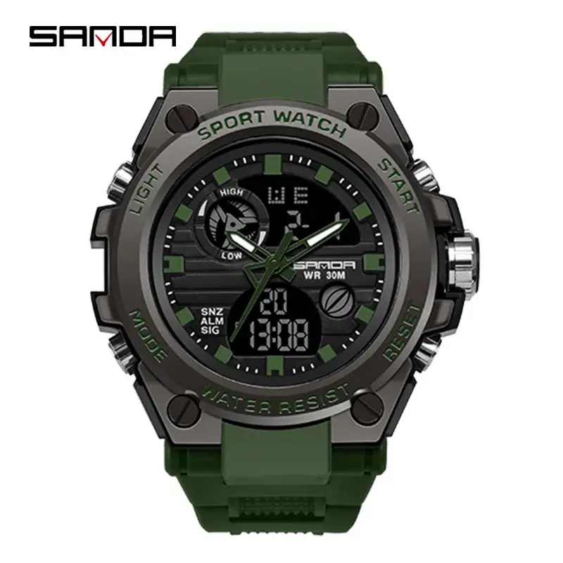 Sanda's Dual Display Sports Watch with Green Digital Display - Image 5