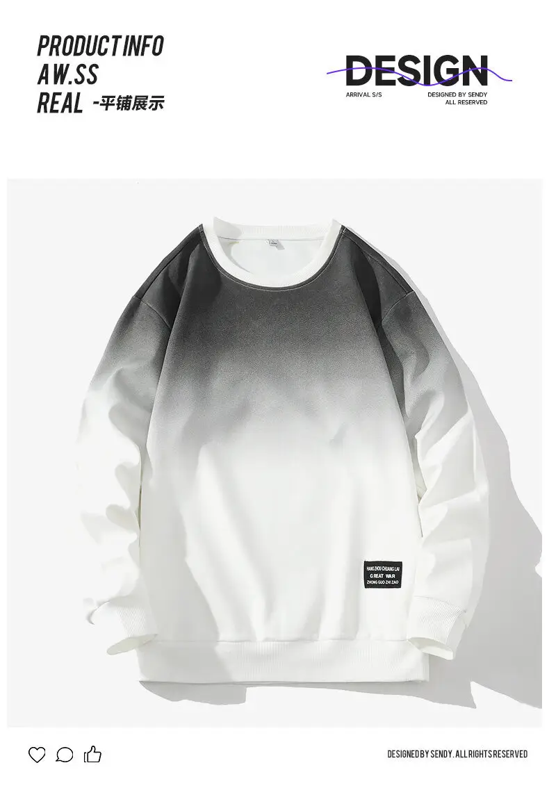 Men's Gradient Blue White Sweatshirt Round Neck Long Sleeve — feature 7