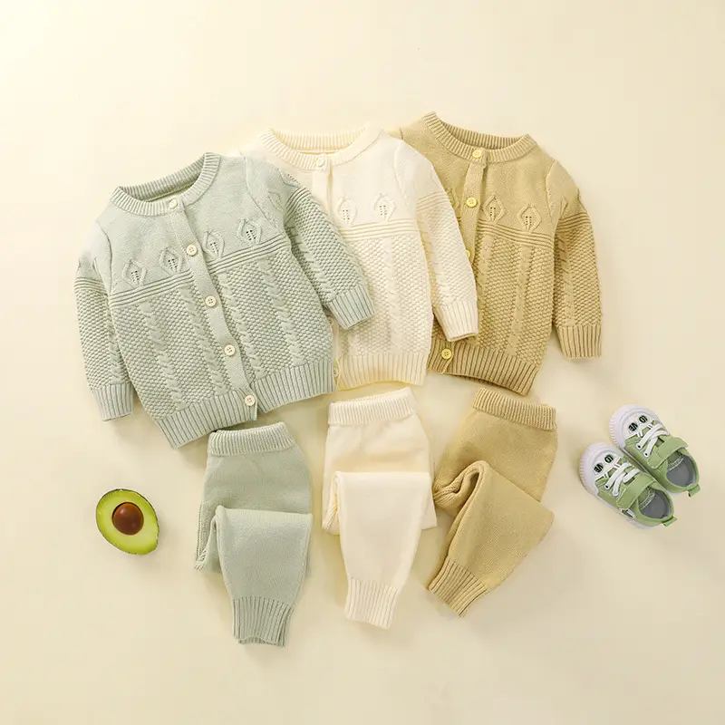Baby Sweater Set Cream Green Round Neck Cardigan Coat - Image 5