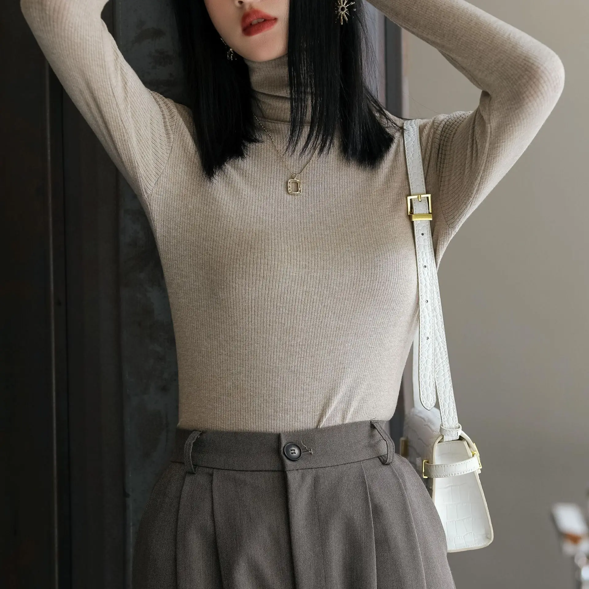 Women Long-Sleeve Slim Fit Sweater Top Black Knit Autumn Winter - Image 2