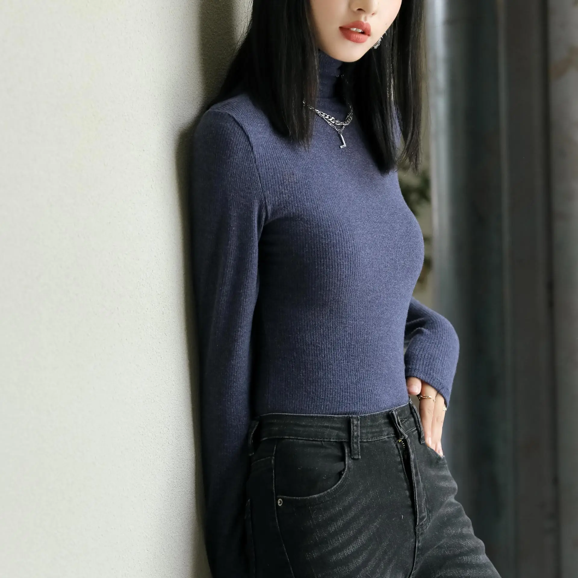 Women Long-Sleeve Slim Fit Sweater Top Black Knit Autumn Winter - Image 4