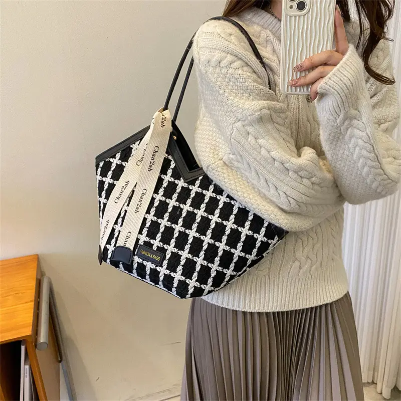 Women Textured Plaid Shoulder Bag 2026 Spring Summer - Image 6