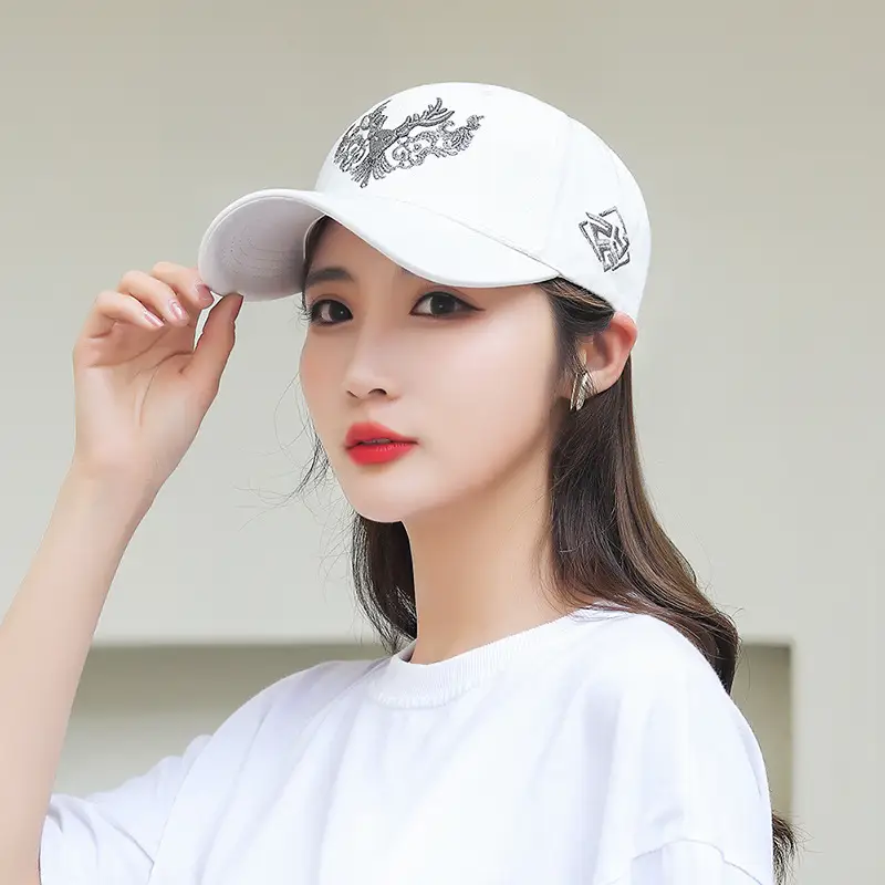 Women White Embroidered Baseball Cap with Sunshade