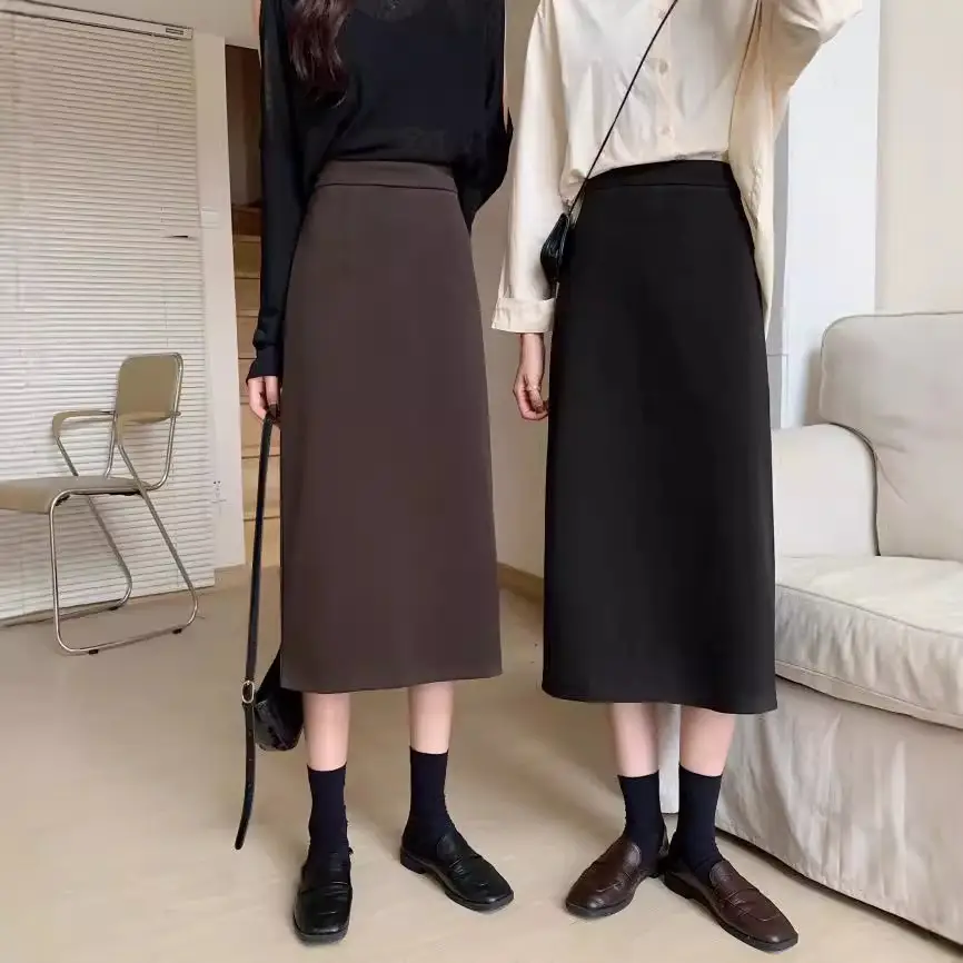 Black Woolen Hip Skirt Mid Length Slim Fit Women