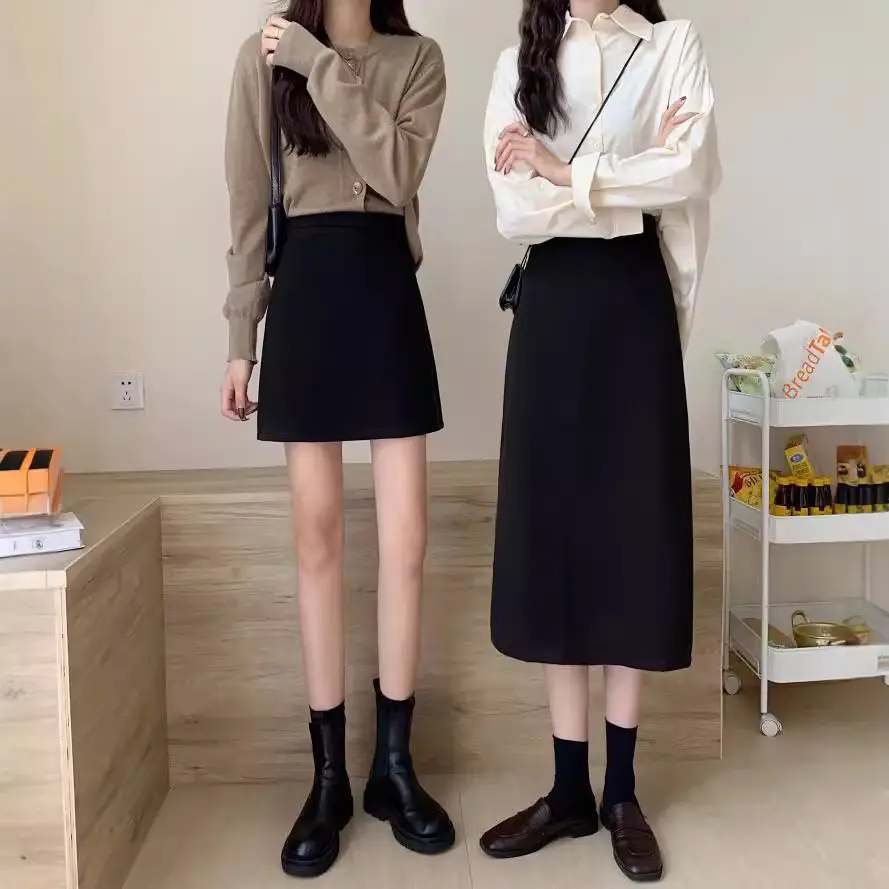 Black Woolen Hip Skirt Mid Length Slim Fit Women