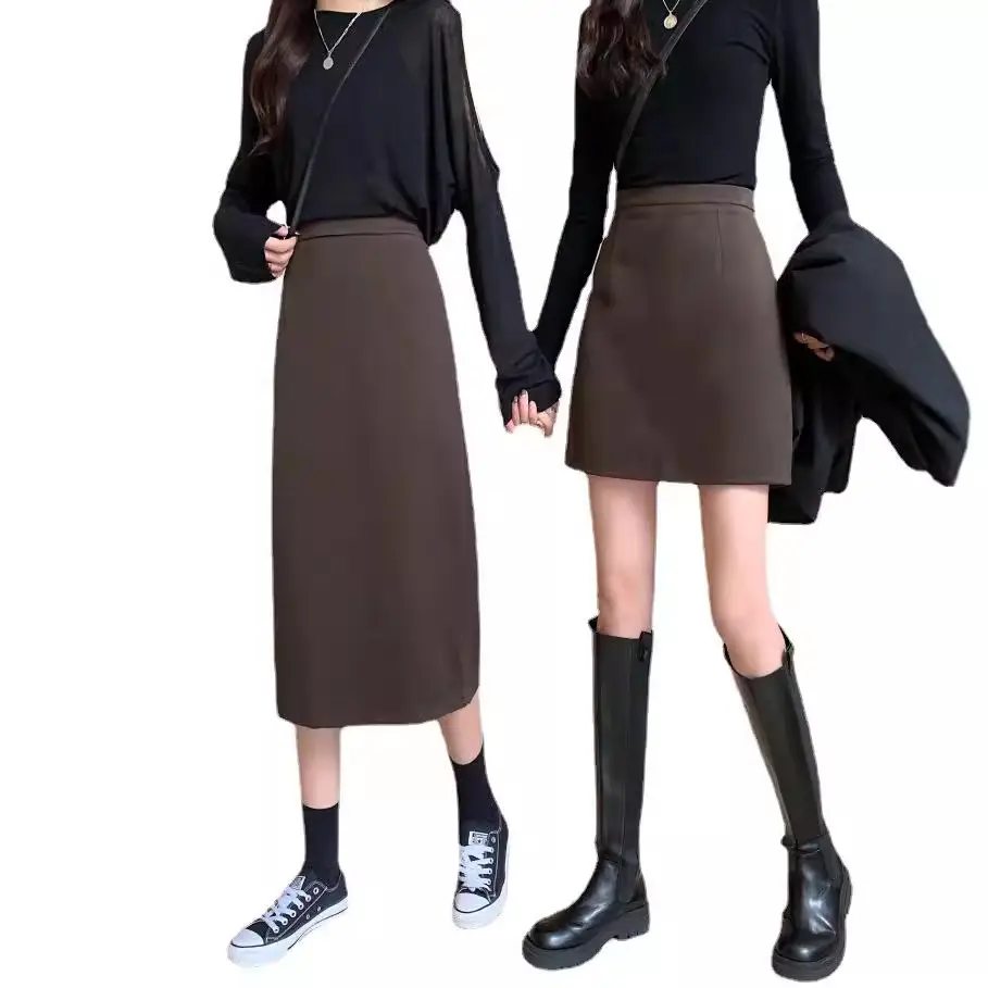 Black Woolen Hip Skirt Mid Length Slim Fit Women