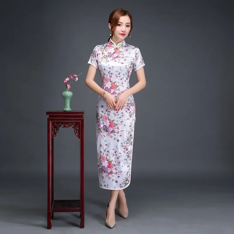 Pink Floral Long Cheongsam Dress for Women 2022 - Image 10