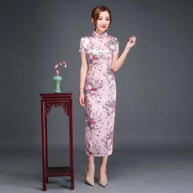 Pink Floral Long Cheongsam Dress for Women 2022 - Image 11