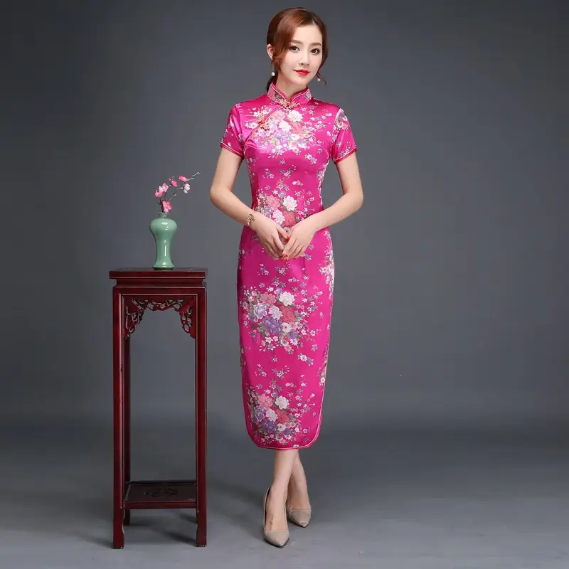 Pink Floral Long Cheongsam Dress for Women 2022 - Image 14