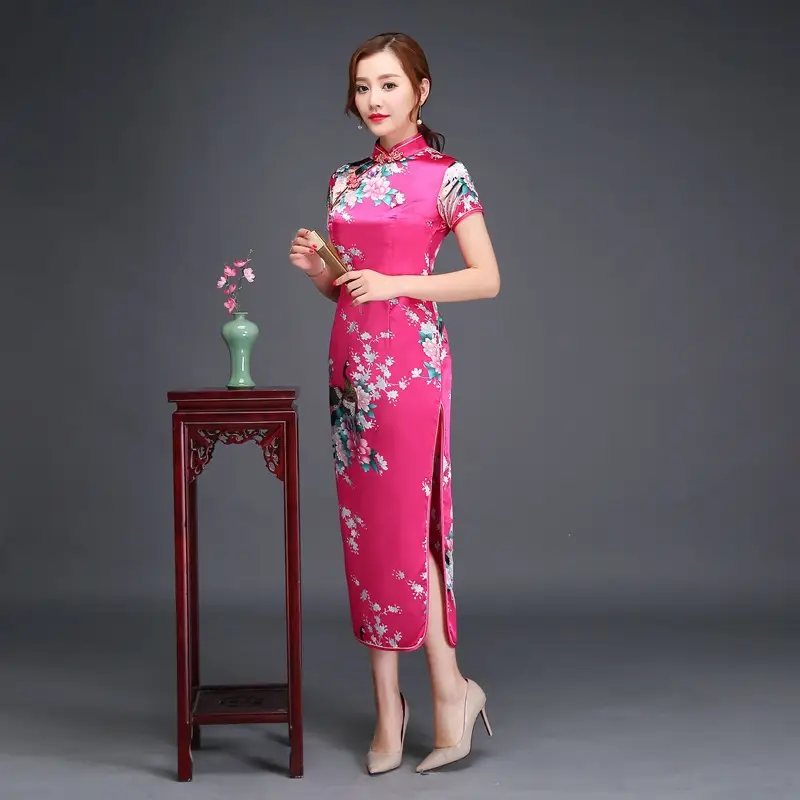 Pink Floral Long Cheongsam Dress for Women 2022 - Image 2