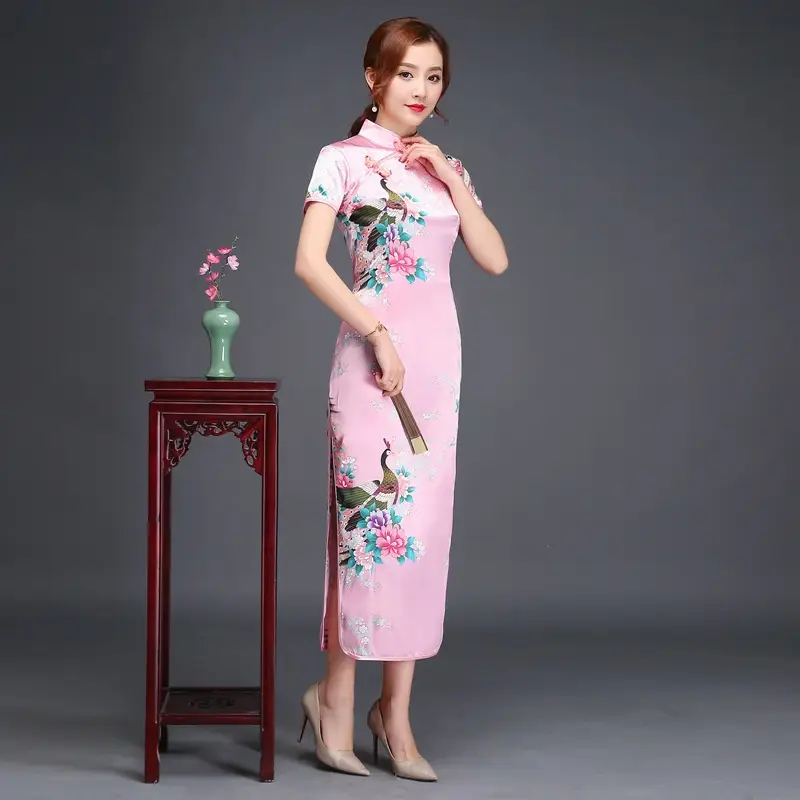 Pink Floral Long Cheongsam Dress for Women 2022 - Image 4