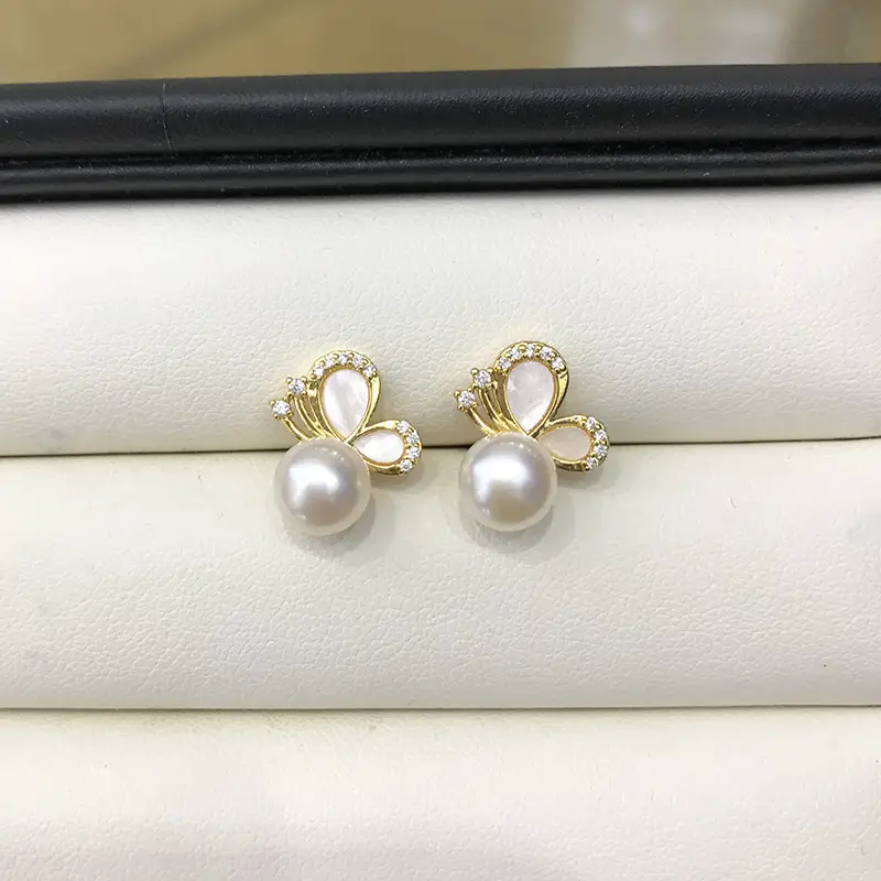 Pearl Earrings 7-8mm Steamed Bread Round Flaw Butterfly Design - Image 2