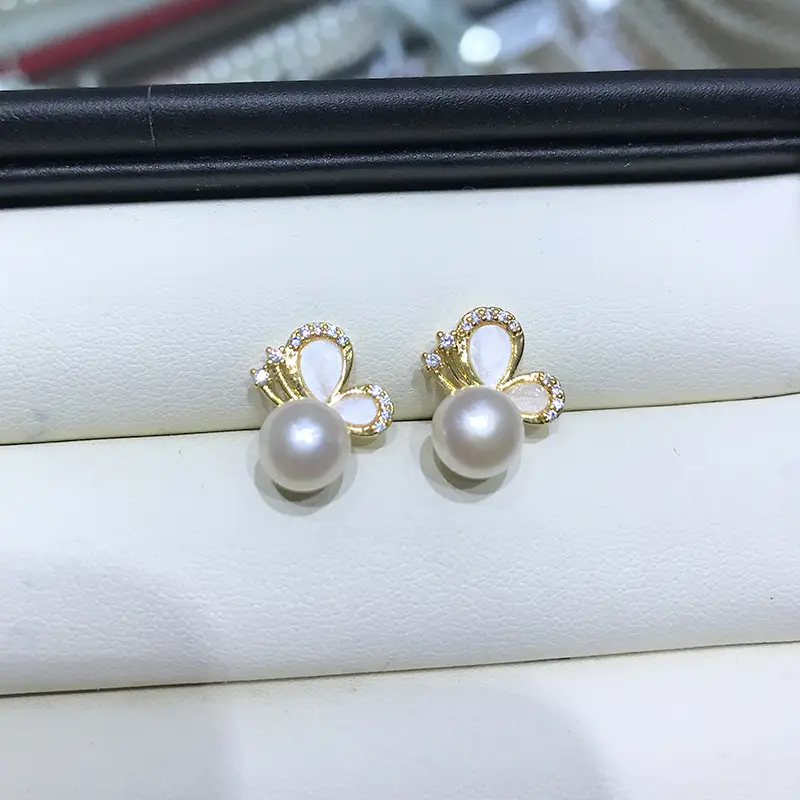 Pearl Earrings 7-8mm Steamed Bread Round Flaw Butterfly Design - Image 3