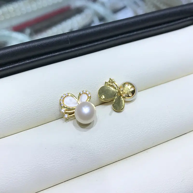 Pearl Earrings 7-8mm Steamed Bread Round Flaw Butterfly Design - Image 4