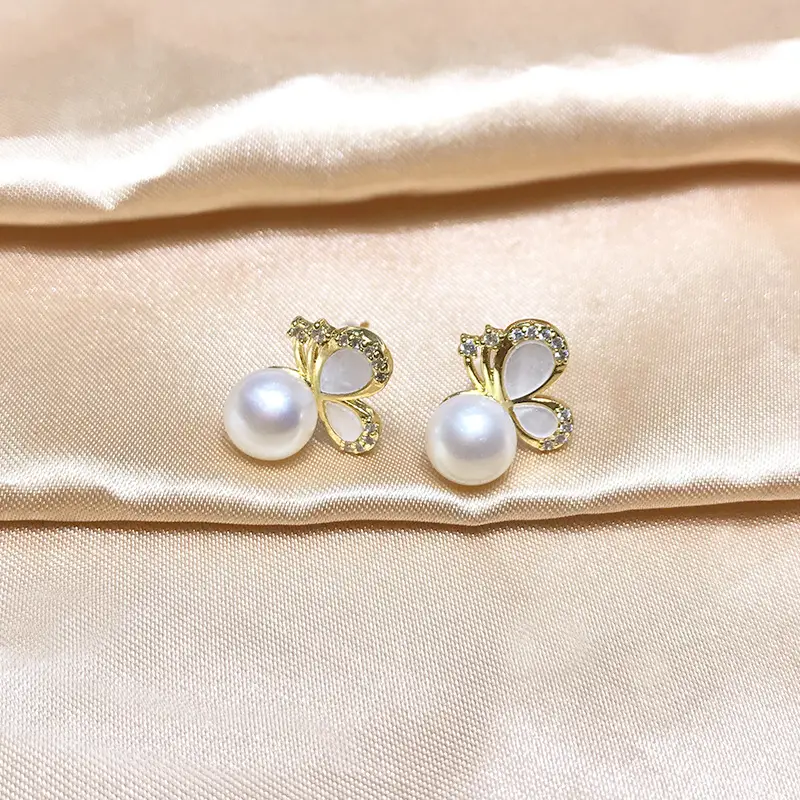 Pearl Earrings 7-8mm Steamed Bread Round Flaw Butterfly Design - Image 5