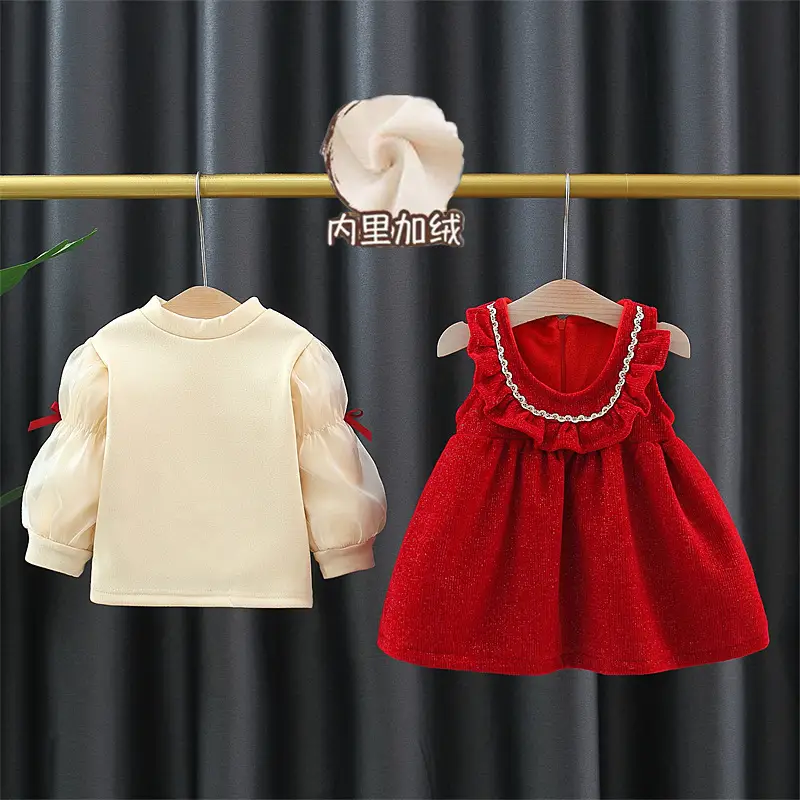 Girls Fleece 2-Piece Dress Set Red & Cream Baby New Year - Image 3