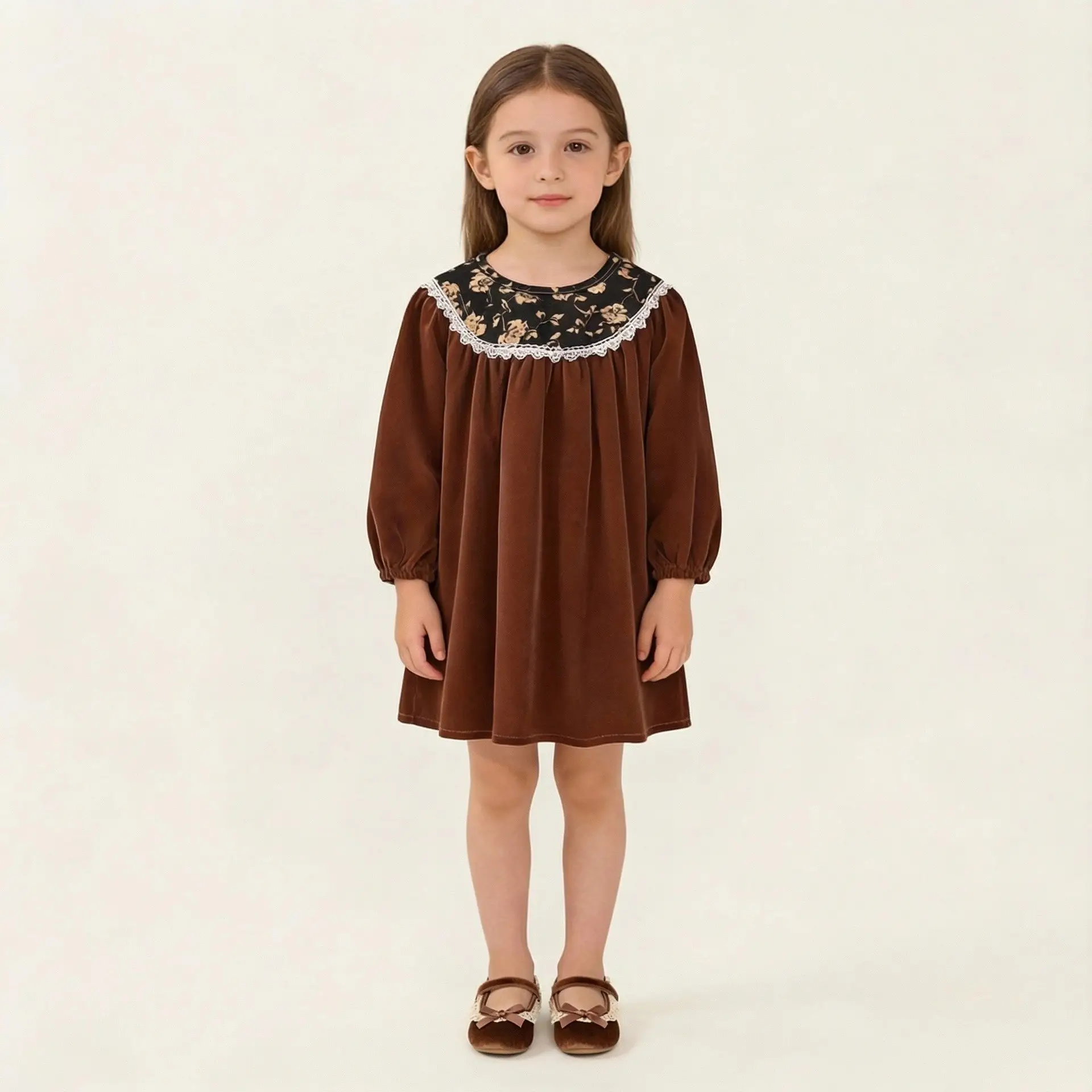 Girls Velvet Dress 2025 Autum New Korean Style Retro Style Kidsren's Lace Puff Sleeve Princess Dress — feature 6