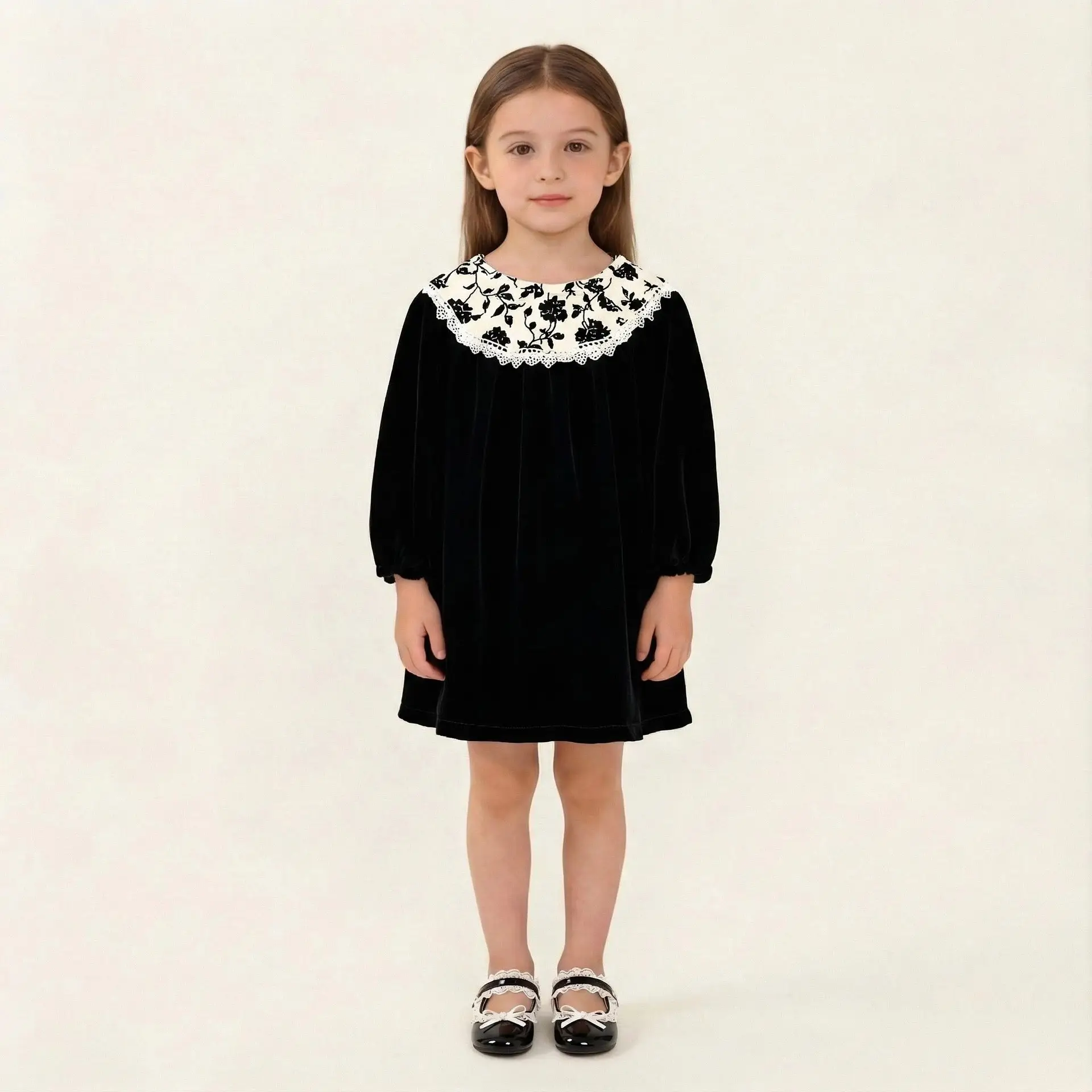 Girls Velvet Dress 2025 Autum New Korean Style Retro Style Kidsren's Lace Puff Sleeve Princess Dress — feature 7