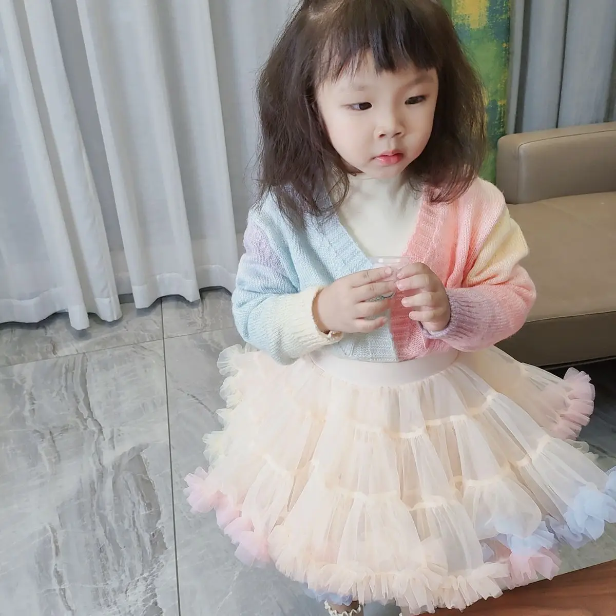 Girls Rainbow Knitted Cardigan with Turquoise Tulle Skirt - Image 5