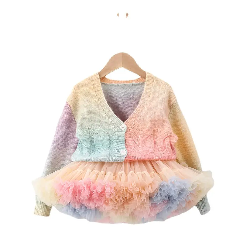 Girls Rainbow Knitted Cardigan with Turquoise Tulle Skirt - Image 7