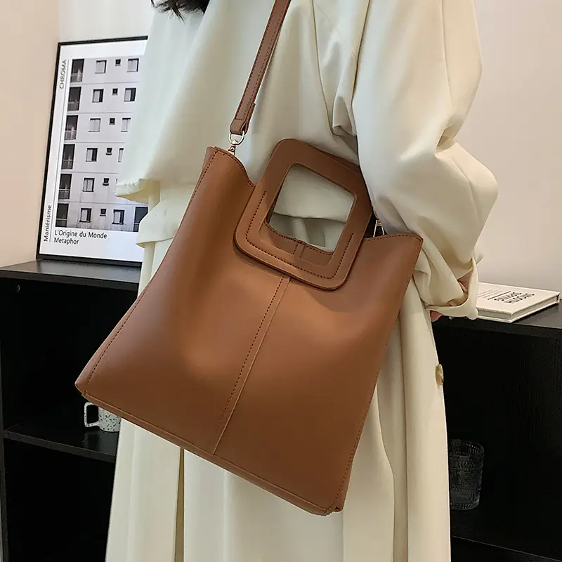 Korean Style Brown Leather Tote Bag for Women