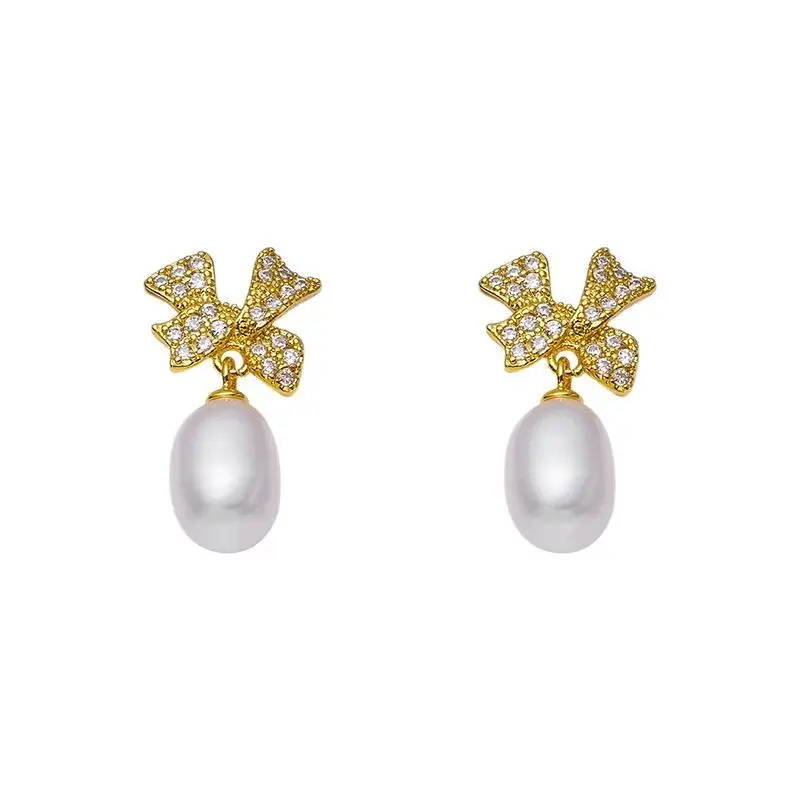 2022 New Popular Micro-inlaid Zircon Bow Freshwater Pearl Earrings Women's - Image 5